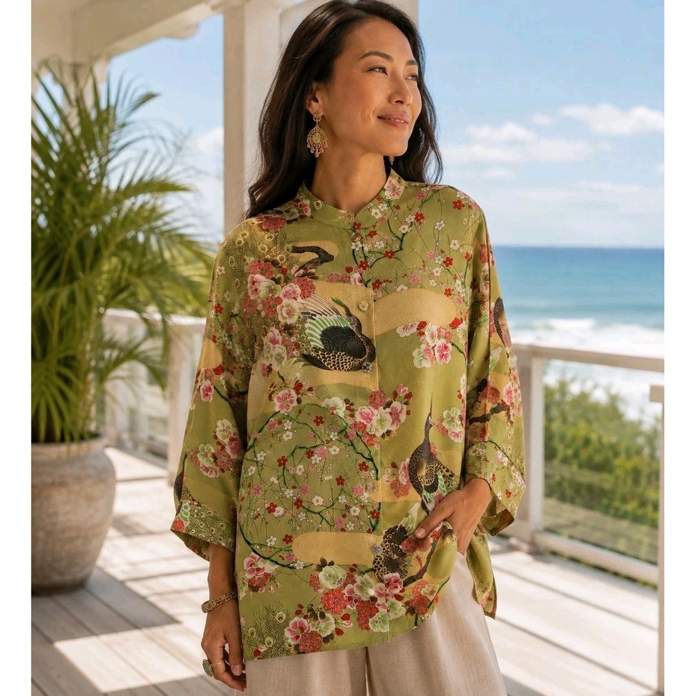 Vintage Citron Santa Monica Silk Peacock Floral Tunic Blouse Art to Wear 0X XL